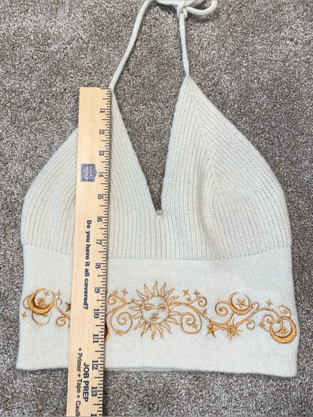 ROMWE Knit Embroidered Backless Halter Top Size S Cream Sun Moon Celestial‎